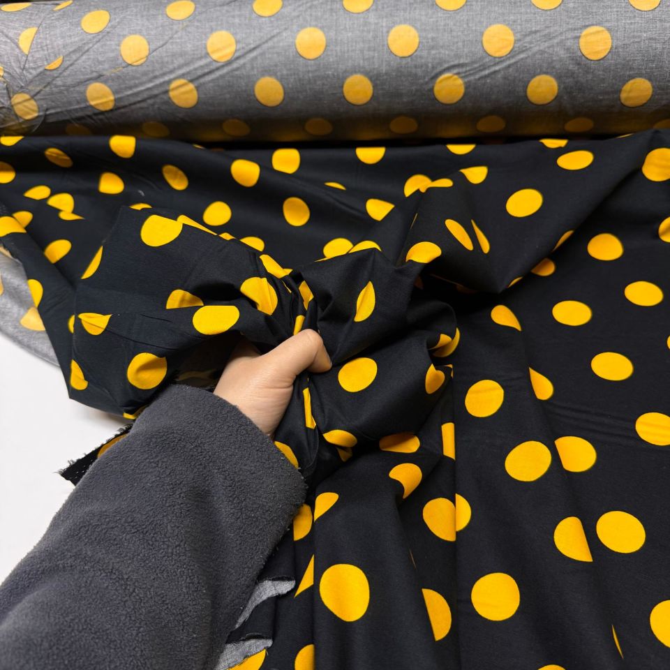 Poplin Kumaş Koyu Lacivert Üzeri Turuncu Puantiyeli Çift En