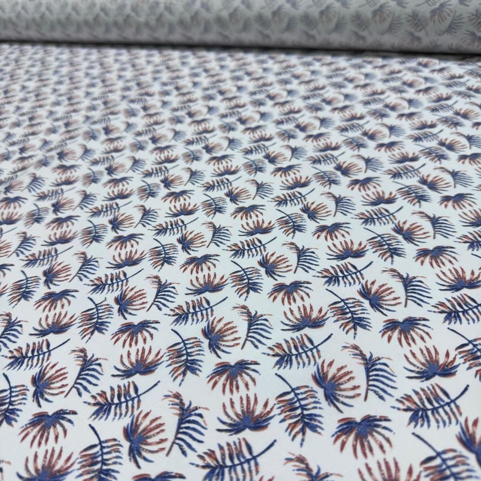 Poplin Kumaş Mavi&Kahverengi Yaprak Desenli Çift En