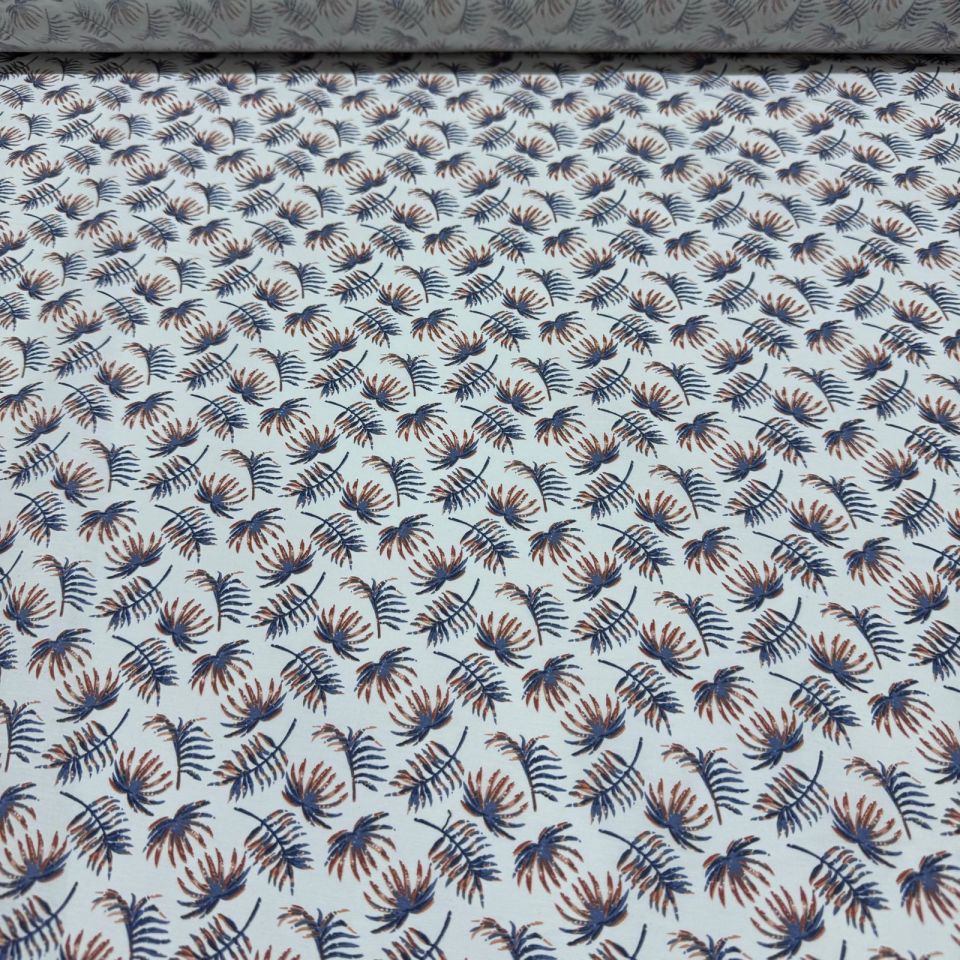 Poplin Kumaş Mavi&Kahverengi Yaprak Desenli Çift En