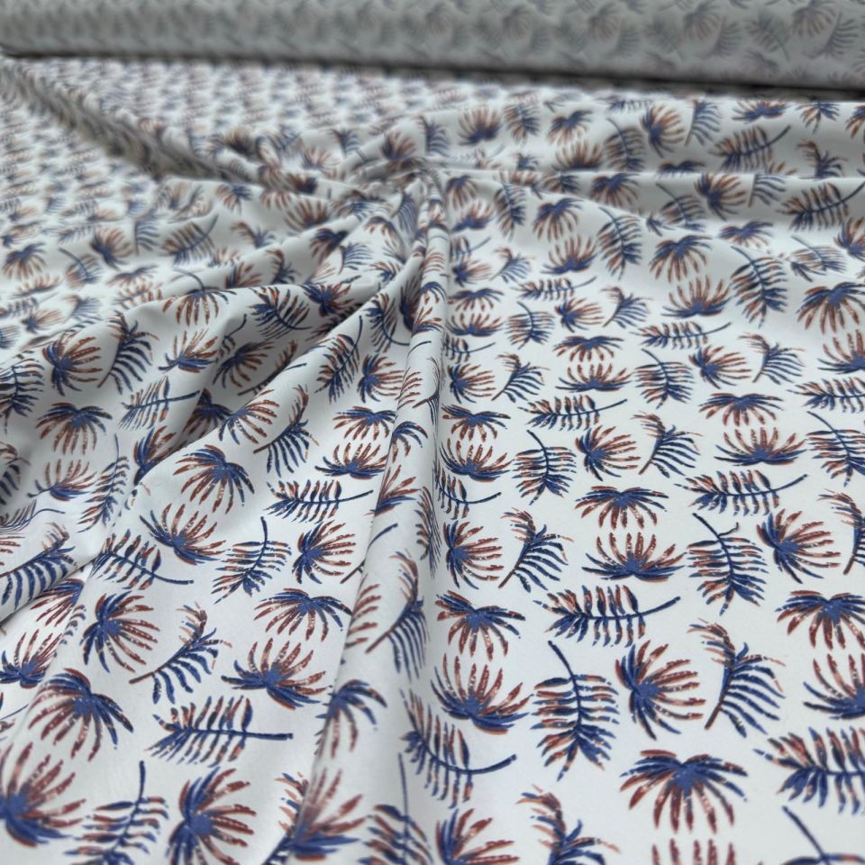 Poplin Kumaş Mavi&Kahverengi Yaprak Desenli Çift En