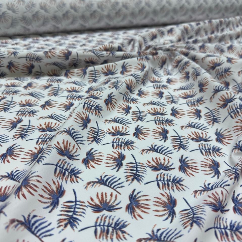 Poplin Kumaş Mavi&Kahverengi Yaprak Desenli Çift En