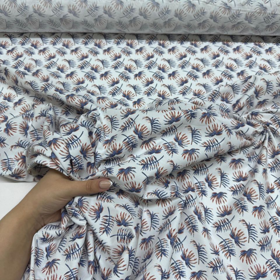 Poplin Kumaş Mavi&Kahverengi Yaprak Desenli Çift En