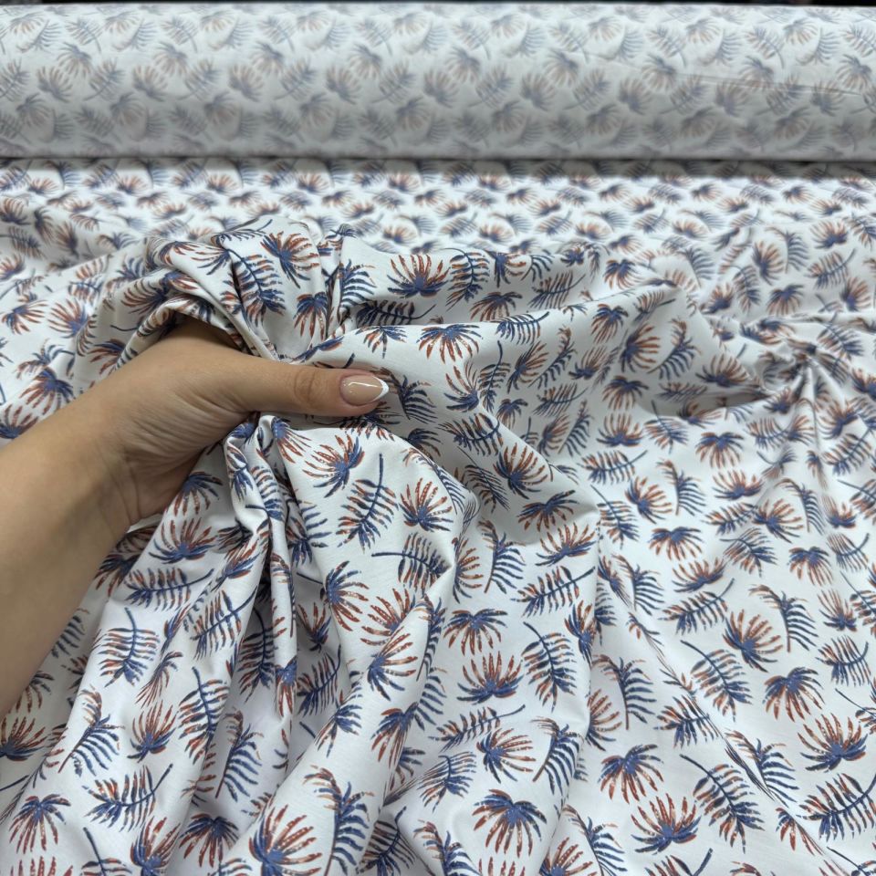 Poplin Kumaş Mavi&Kahverengi Yaprak Desenli Çift En