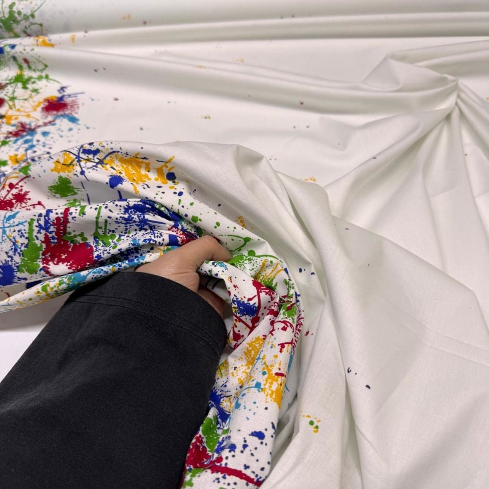 Poplin Kumaş Eteği Sulu Desenli Çok Renkli Çift En