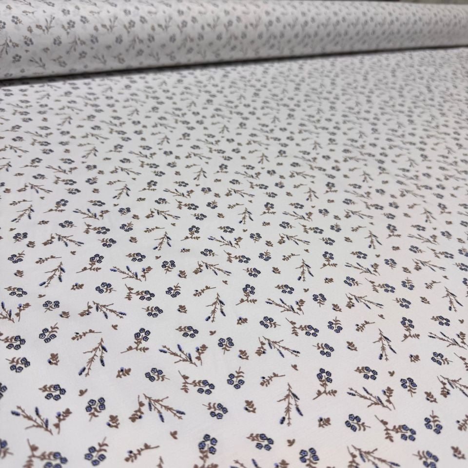 Poplin Kumaş Mavi Çiçek Desenli Çift En