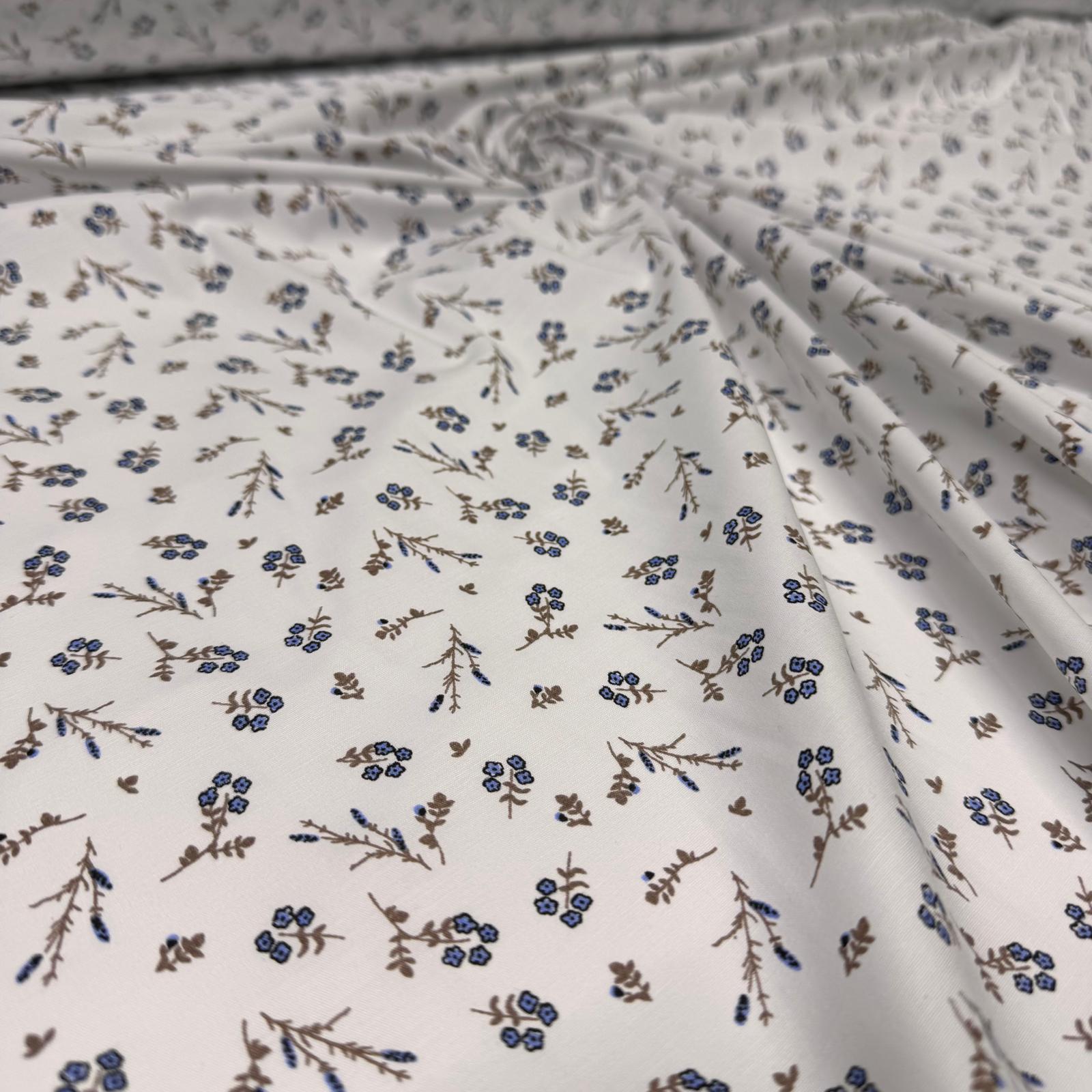 Poplin Kumaş Mavi Çiçek Desenli Çift En