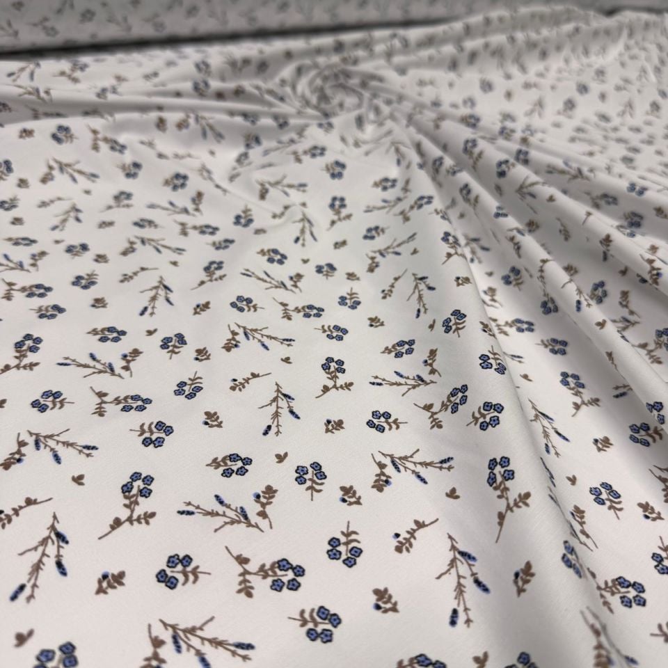 Poplin Kumaş Mavi Çiçek Desenli Çift En