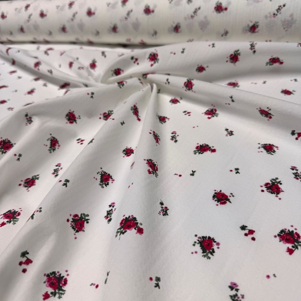 Poplin Kumaş Minik Bordo Çiçekli Çift En