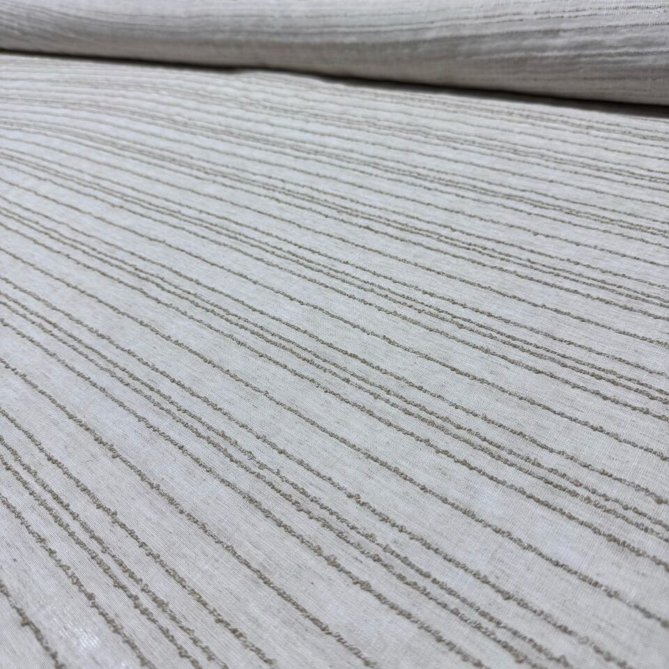 Keten Viskon Kumaş Dökümlü %100 Pamuk Enine Çizgi İşlemeli Bej&Krem