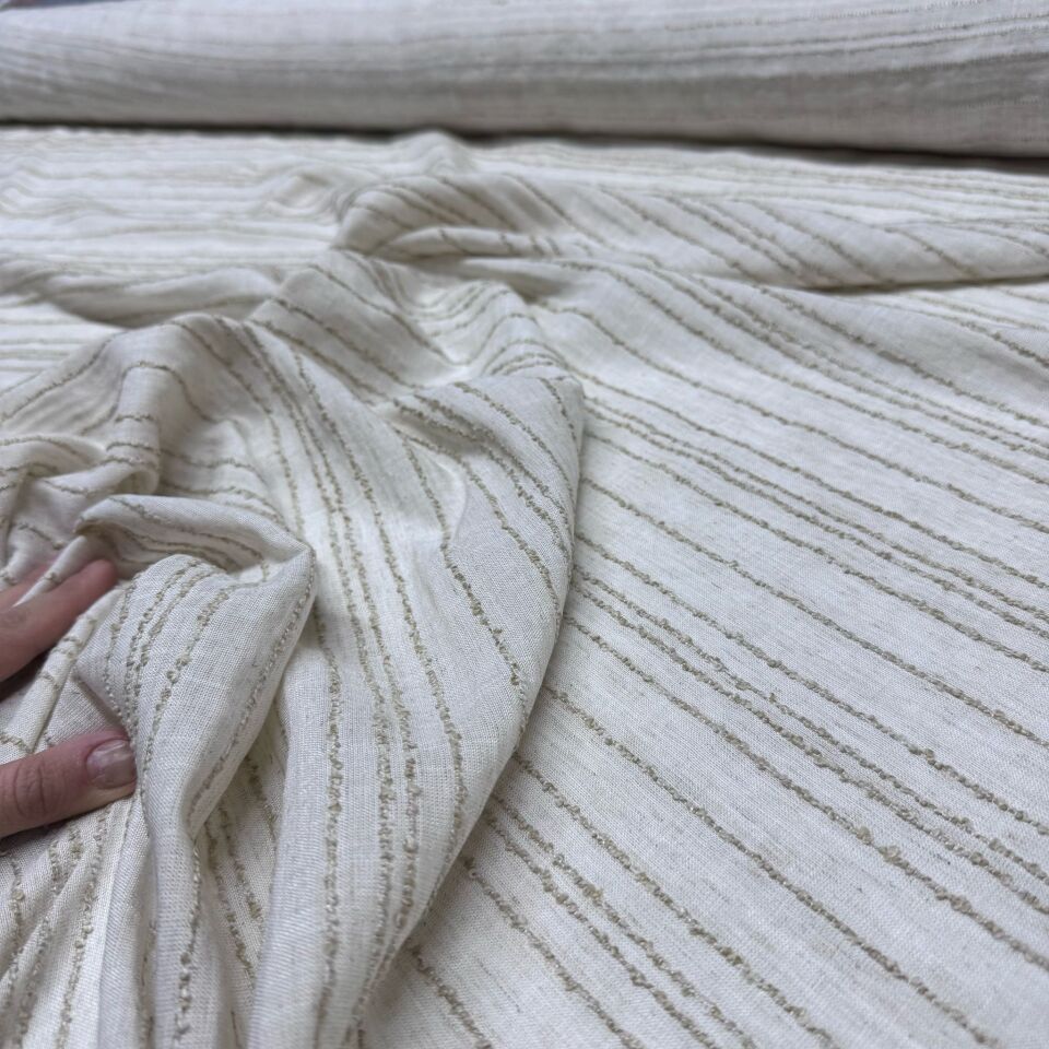 Keten Viskon Kumaş Dökümlü %100 Pamuk Enine Çizgi İşlemeli Bej&Krem