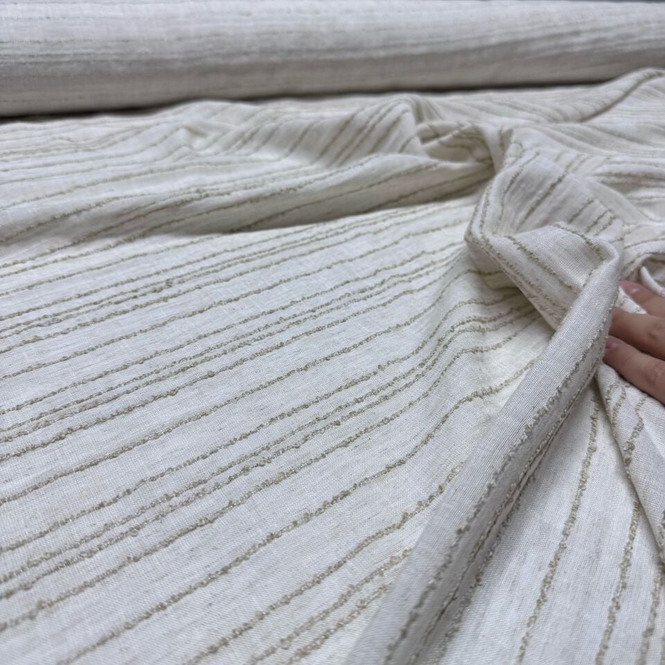 Keten Viskon Kumaş Dökümlü %100 Pamuk Enine Çizgi İşlemeli Bej&Krem