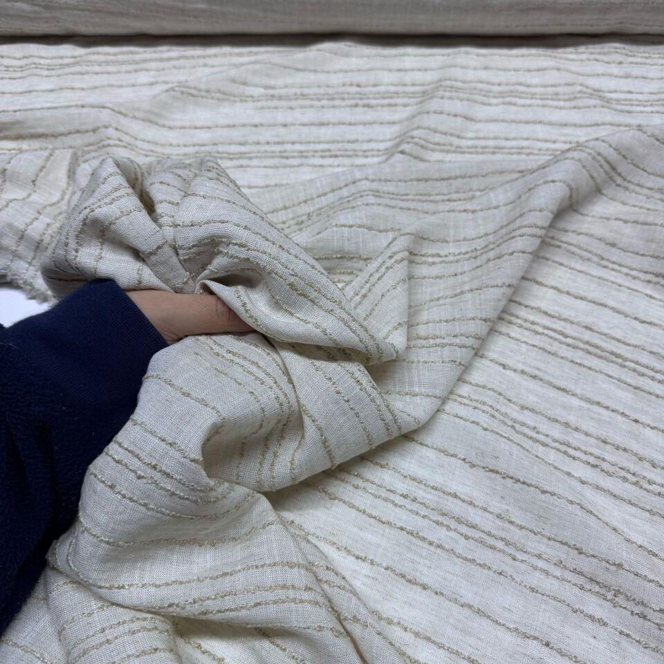 Keten Viskon Kumaş Dökümlü %100 Pamuk Enine Çizgi İşlemeli Bej&Krem