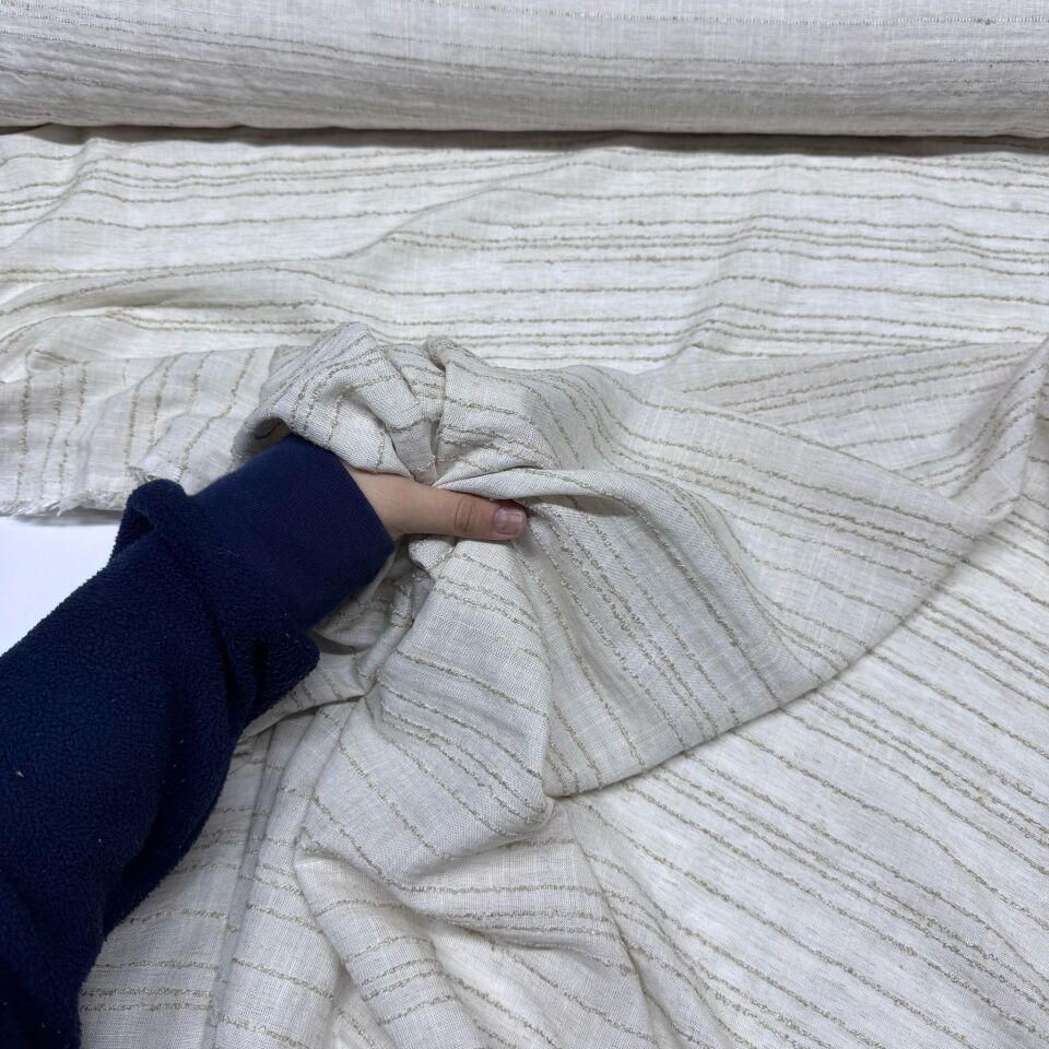 Keten Viskon Kumaş Dökümlü %100 Pamuk Enine Çizgi İşlemeli Bej&Krem