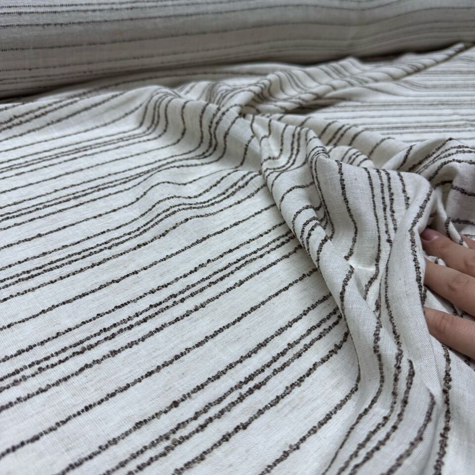 Keten Viskon Kumaş Dökümlü %100 Pamuk Enine Çizgi İşlemeli Kahverengi