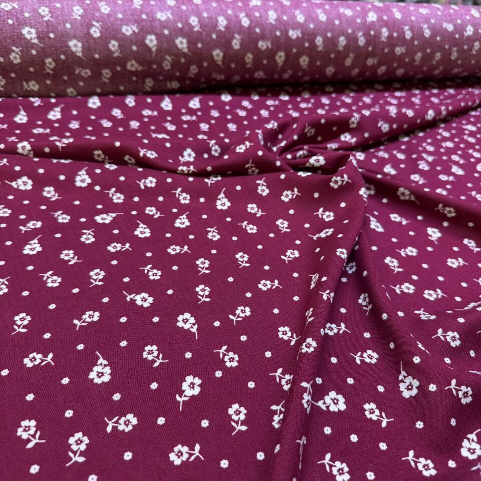 İthal Viskon Kumaş %100 Pamuk Çift En Empirme Minik Çiçek Desenli Bordo
