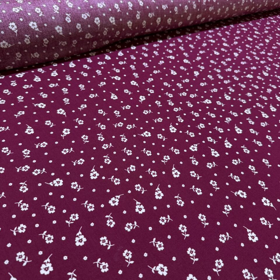 İthal Viskon Kumaş %100 Pamuk Çift En Empirme Minik Çiçek Desenli Bordo