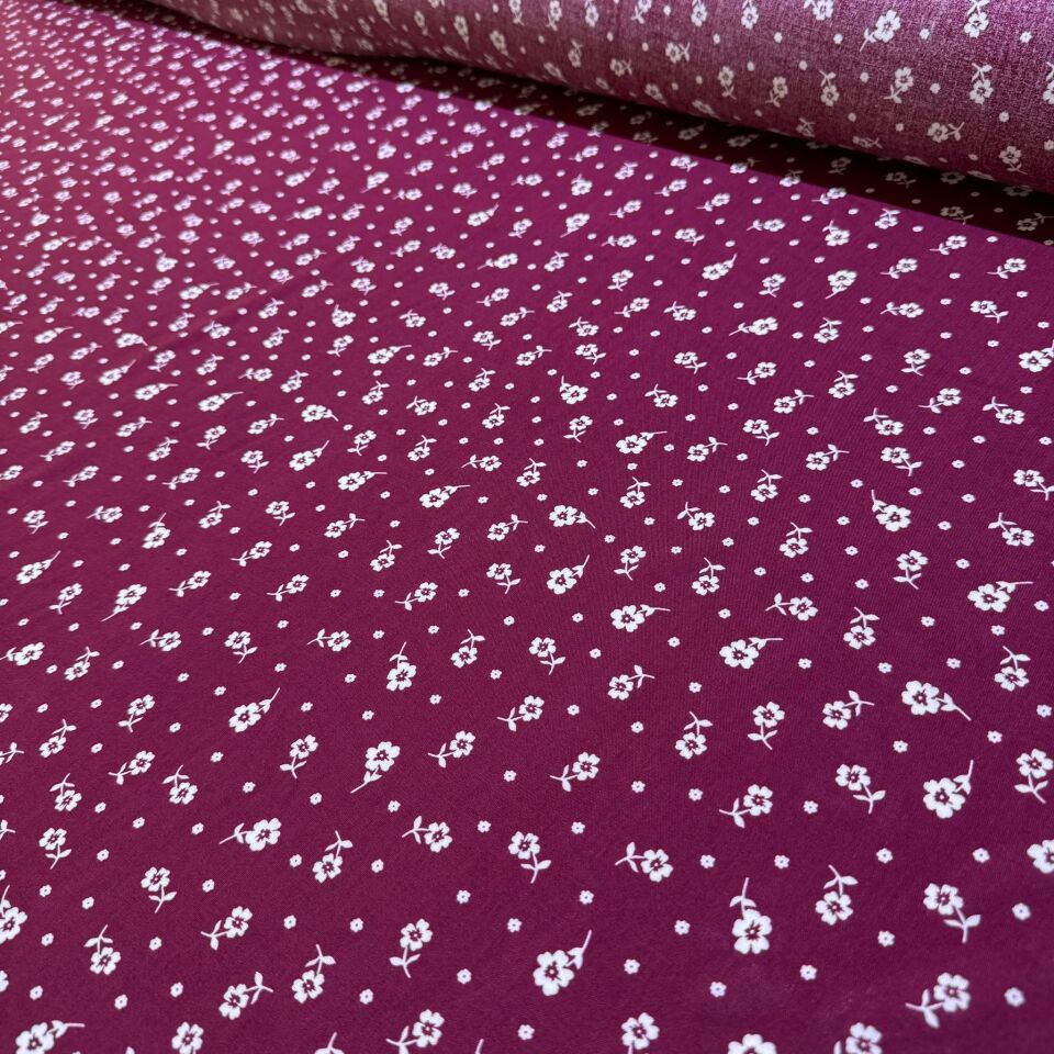 İthal Viskon Kumaş %100 Pamuk Çift En Empirme Minik Çiçek Desenli Bordo
