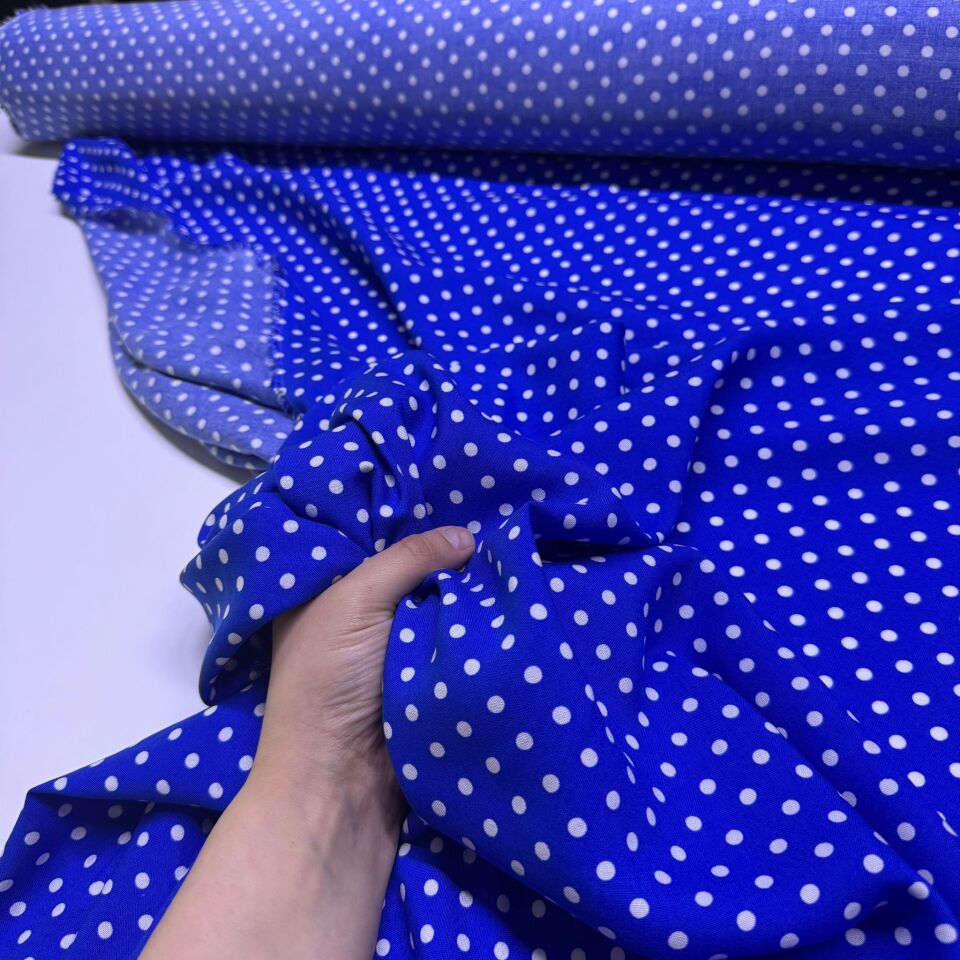 İthal Viskon Kumaş %100 Pamuk Çift En Lacivert Zemin Beyaz Puantiyeli