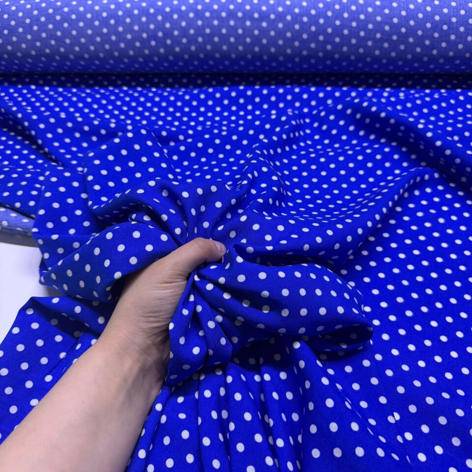 İthal Viskon Kumaş %100 Pamuk Çift En Lacivert Zemin Beyaz Puantiyeli