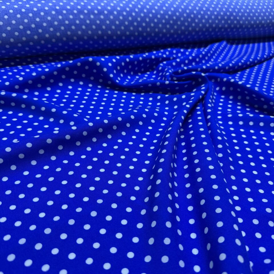 İthal Viskon Kumaş %100 Pamuk Çift En Lacivert Zemin Beyaz Puantiyeli