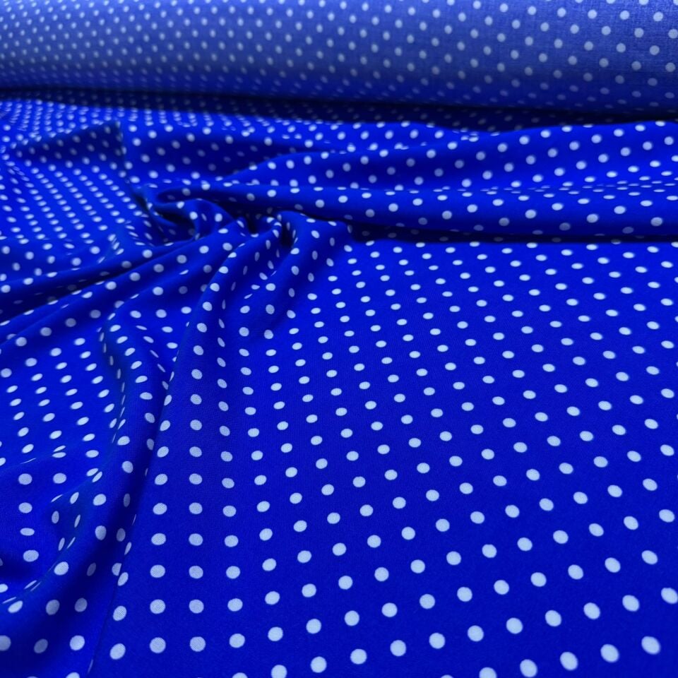 İthal Viskon Kumaş %100 Pamuk Çift En Lacivert Zemin Beyaz Puantiyeli