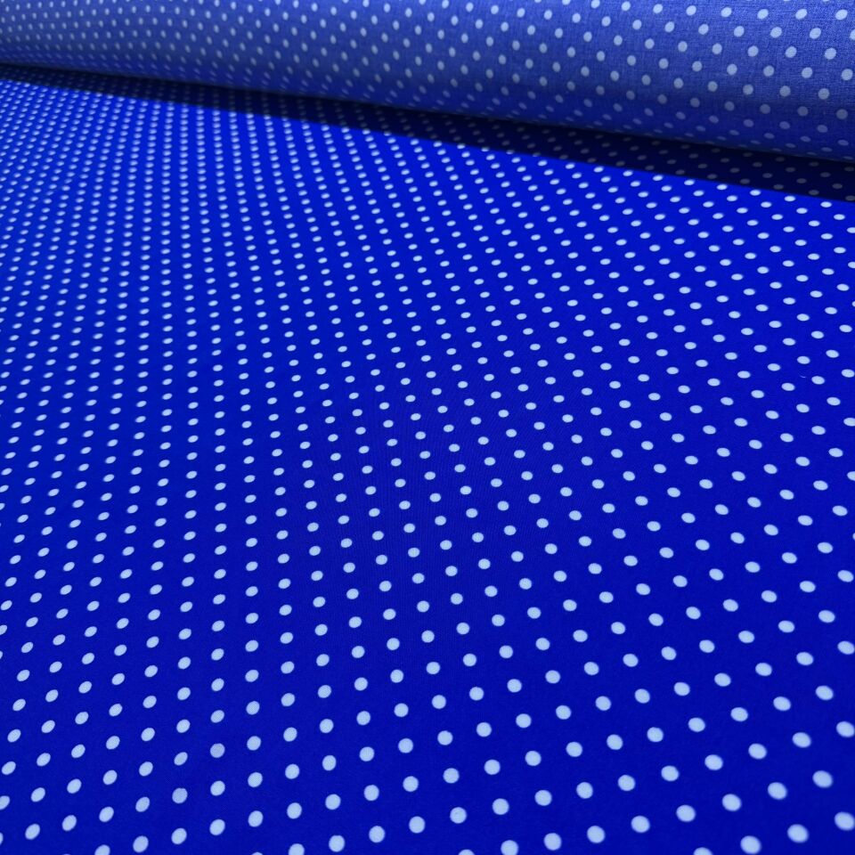 İthal Viskon Kumaş %100 Pamuk Çift En Lacivert Zemin Beyaz Puantiyeli