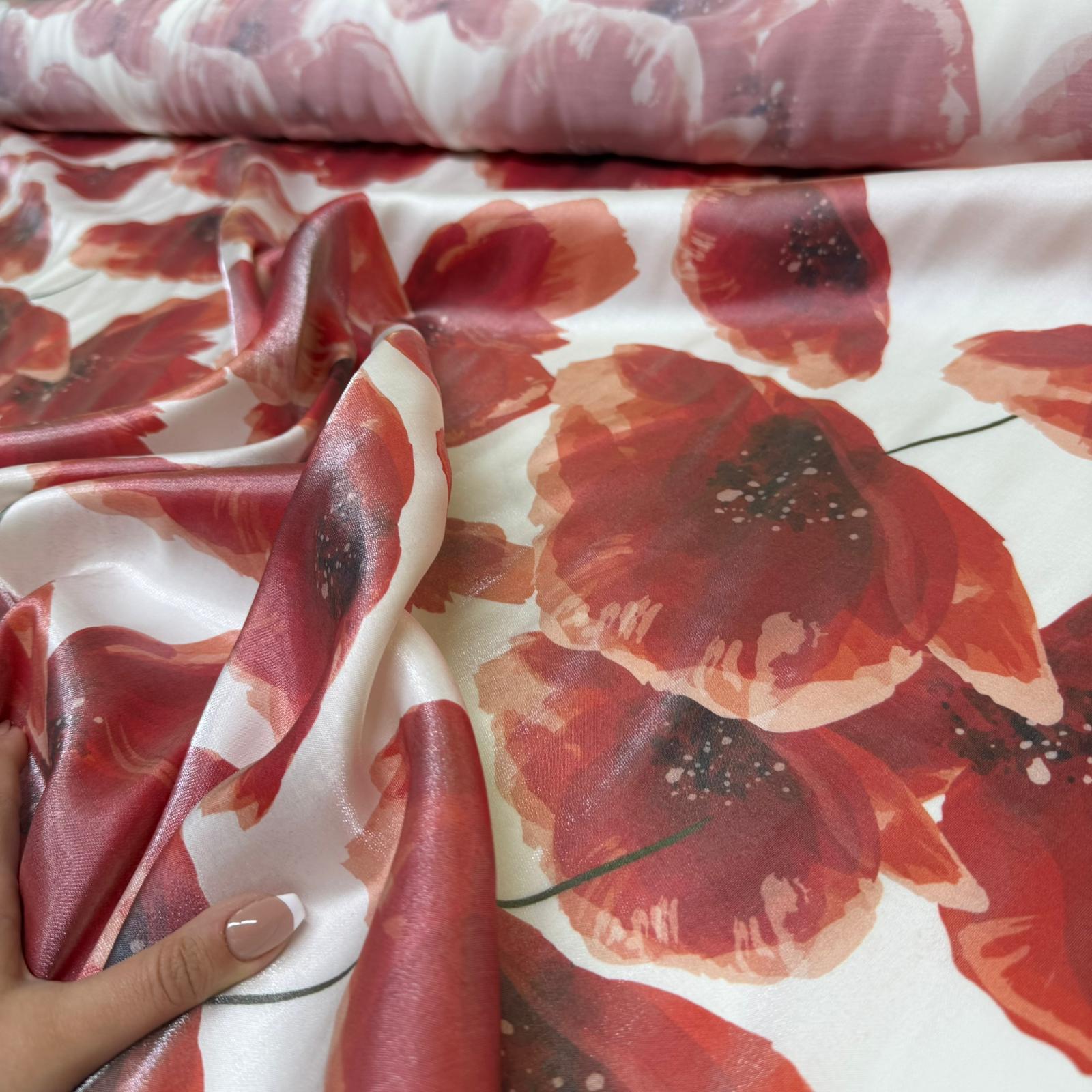 Floş Saten Kumaş Parlak Işıltılı Çift En Kırmızı Çiçek Desenli