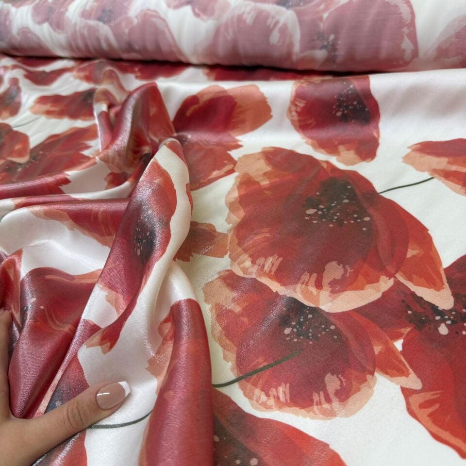 Floş Saten Kumaş Parlak Işıltılı Çift En Kırmızı Çiçek Desenli