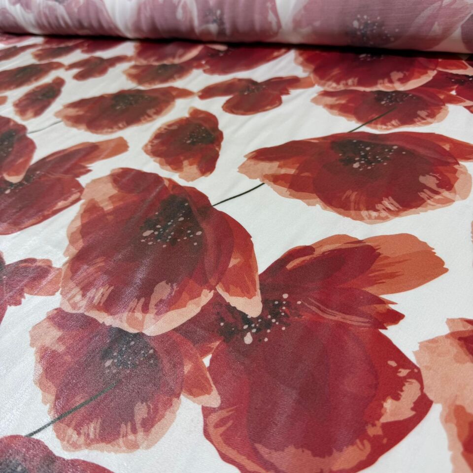 Floş Saten Kumaş Parlak Işıltılı Çift En Kırmızı Çiçek Desenli