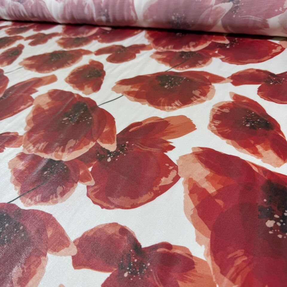 Floş Saten Kumaş Parlak Işıltılı Çift En Kırmızı Çiçek Desenli