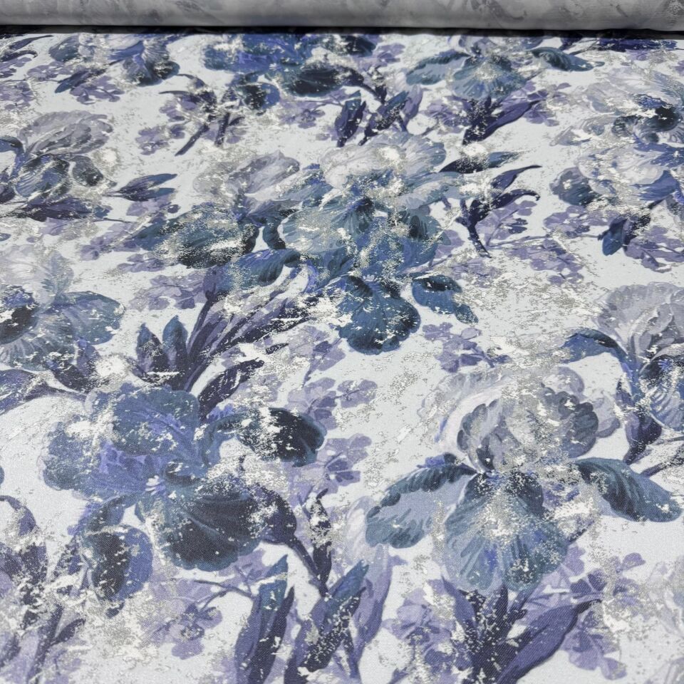 Floş Saten Kumaş Parlak Işıltılı Çift En Lila Renk Çiçek Desenli