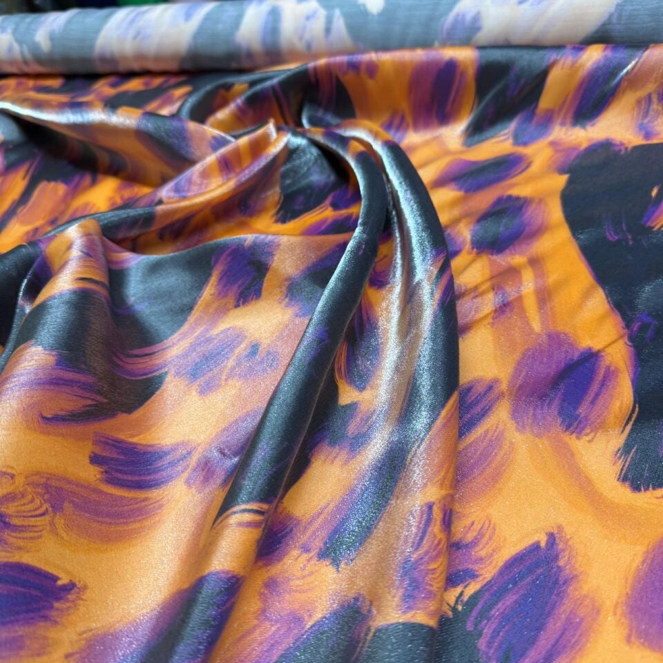 Floş Saten Kumaş Parlak Işıltılı Çift En Turuncu Desenli