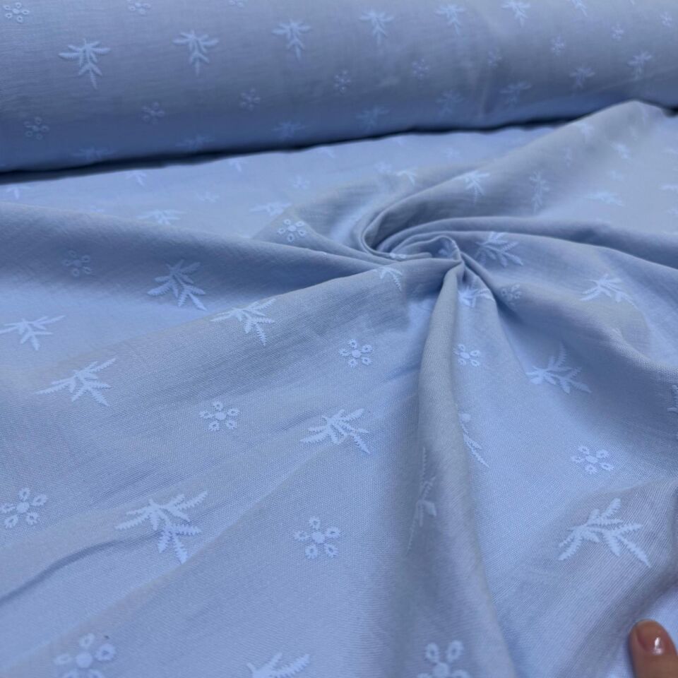 Çift Kat Müslin Kumaş %100 Pamuk Çift En Nakış ve Fisto Baskılı Mavi