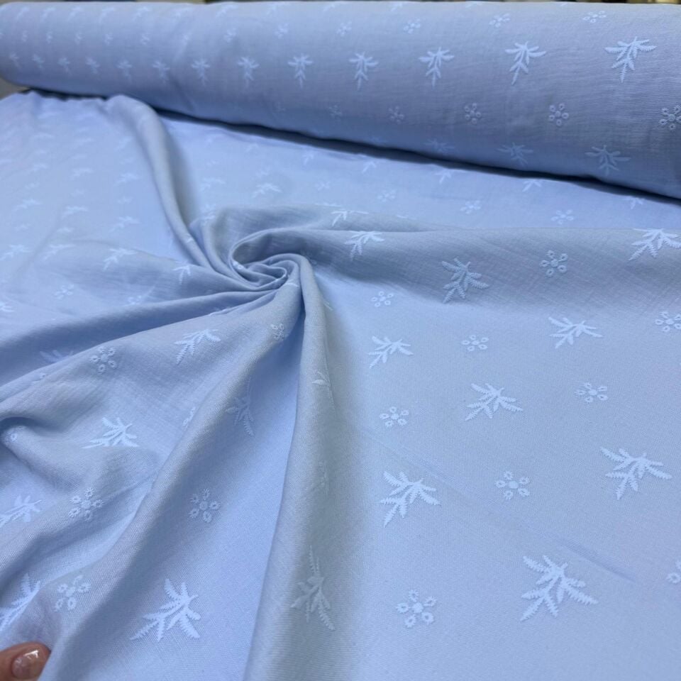 Çift Kat Müslin Kumaş %100 Pamuk Çift En Nakış ve Fisto Baskılı Mavi